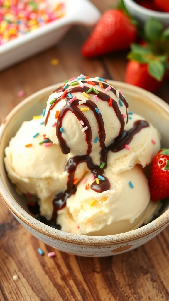 A bowl of vanilla ice cream with sprinkles and chocolate syrup, accompanied by fresh strawberries.